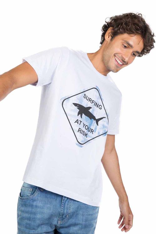 T-Shirt Estampada Surfing Your Risk Branca