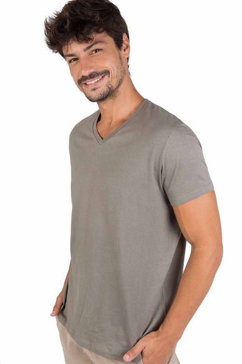 T-Shirt Gola v Básica Fit Premium Sem Costura Verde Militar