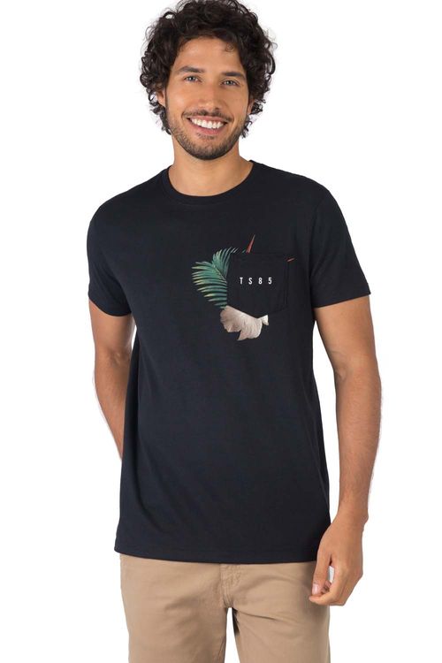 T-Shirt Estampada Com Bolso Preta