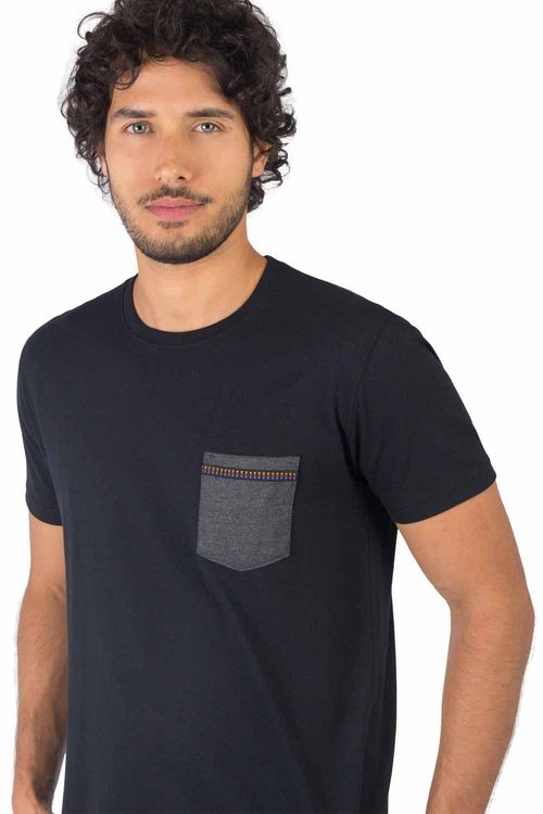 T-Shirt Mescla Com Bolso Preta