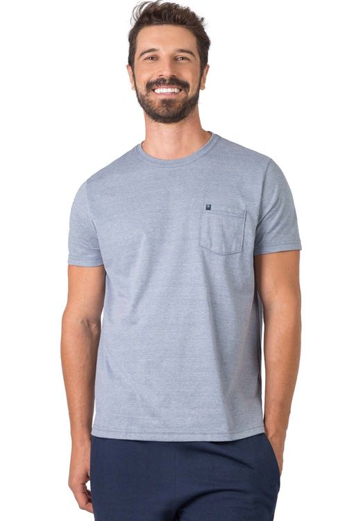 T-Shirt Básica Comfort Mescla Com Bolso Azul Jeans