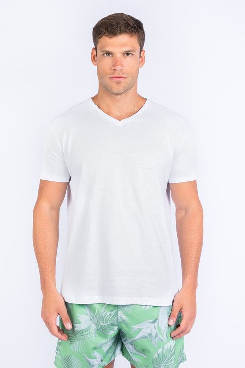 T-Shirt Básica Gola v Premium Sem Costura Branca