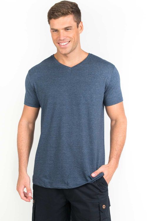 T-Shirt Básica Gola v Sem Costura Azul Marinho
