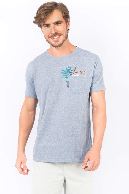 T-Shirt Estampada Com Bolso Azul Petróleo