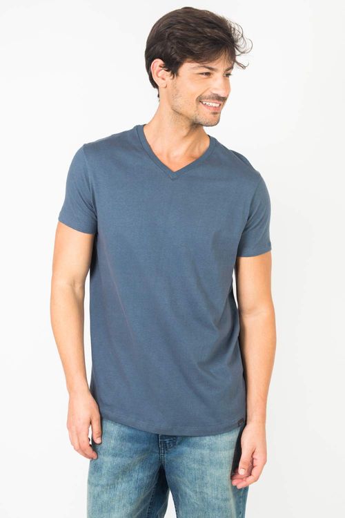 T-Shirt Básica Premium Gola v Sem Costura Azul Jeans