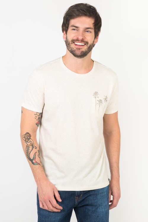 T-Shirt Linho Com Bolso Estampada Coqueiros Cru