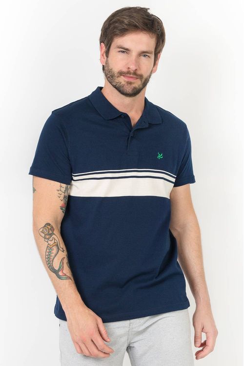 Polo Especial Listrada Em Fio Tinto Azul Marinho