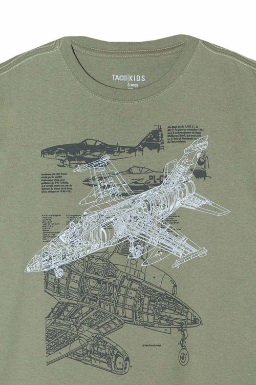 T-Shirt Infantil Estampada Aeronave Verde Militar
