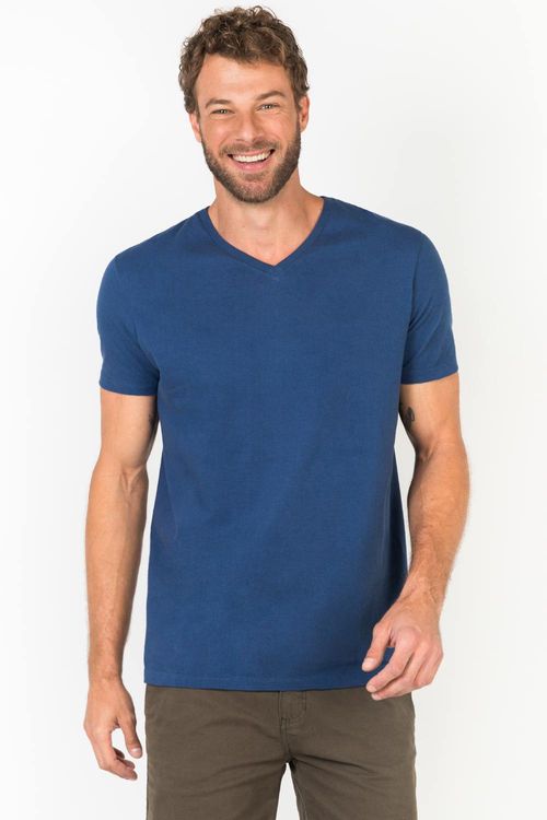T-Shirt Básica Premium Gola v Sem Costura Azul