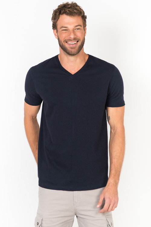 T-Shirt Básica Gola v Premium Gola v Sem Costura Azul Marinho