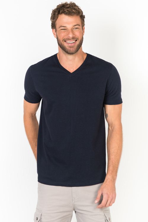 T-Shirt Básica Premium Gola v Sem Costura Azul Marinho