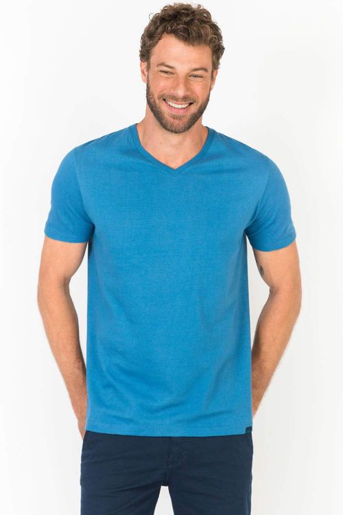 T-Shirt Básica Premium Gola v Sem Costura Azul Petróleo