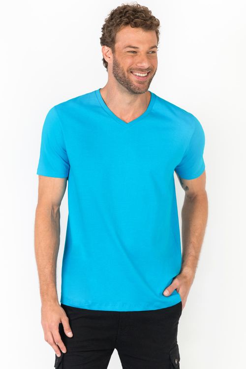 T-Shirt Básica Gola v Premium Sem Costura Azul Turquesa