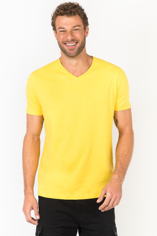 T-Shirt Básica Gola v Premium Sem Costura Amarela