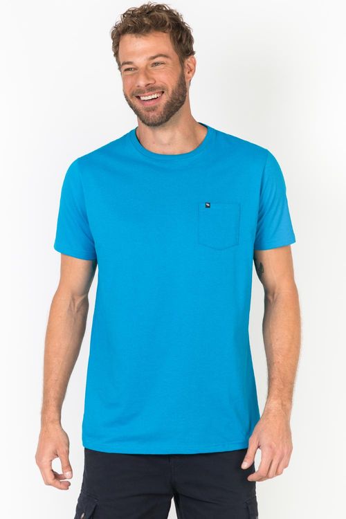 T-Shirt Básica Comfort Com Bolso Azul Turquesa