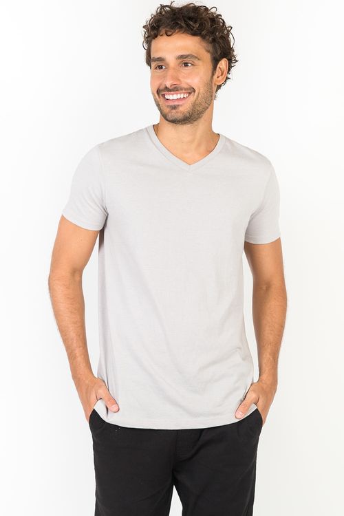T-Shirt Básica Gola v Premium Sem Costura Lateral Cinza