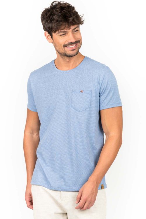 T-Shirt Com Bolso e Botão Azul Jeans