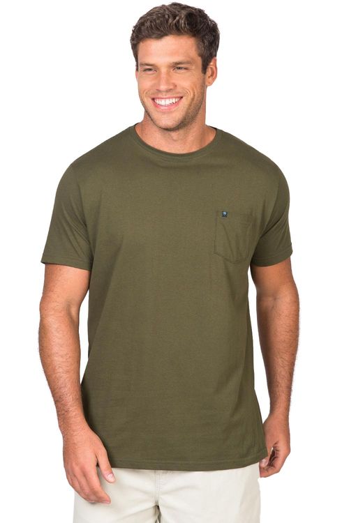 T-Shirt Básica De Algodão Com Bolso Verde Musgo
