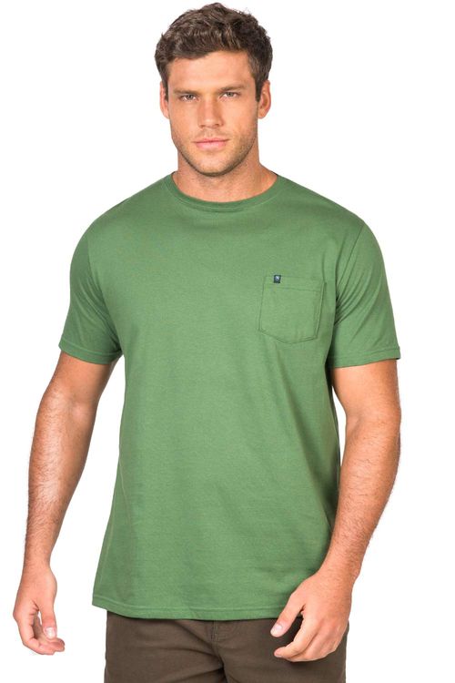 T-Shirt Básica De Algodão Com Bolso Verde Escuro