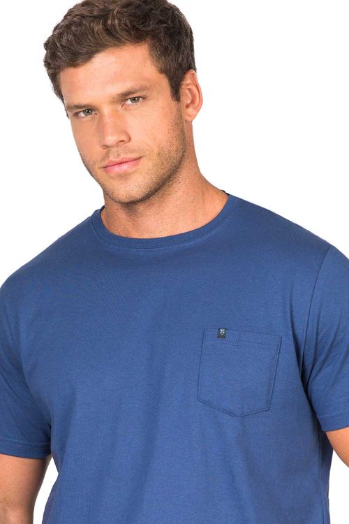 T-Shirt Básica De Algodão Com Bolso Azul