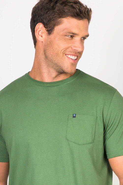 T-Shirt Básica De Algodão Com Bolso Verde Escuro