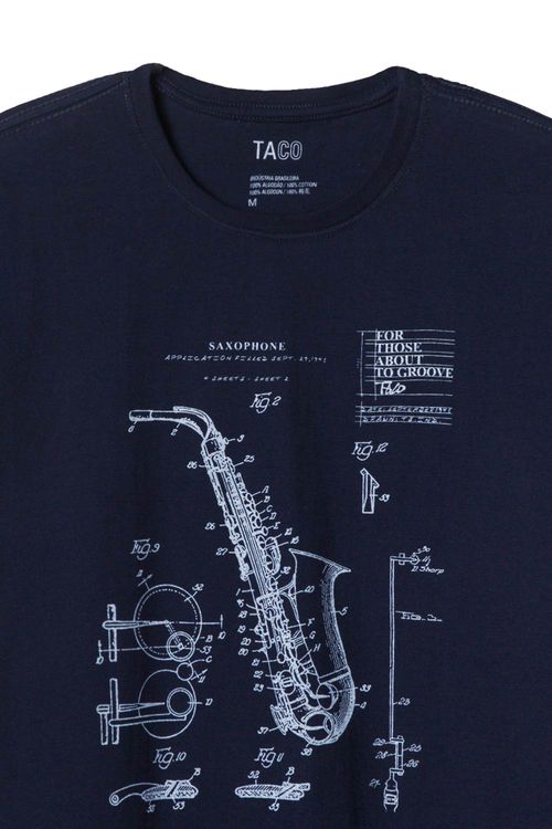 T-Shirt Estampada Saxofone Azul Marinho