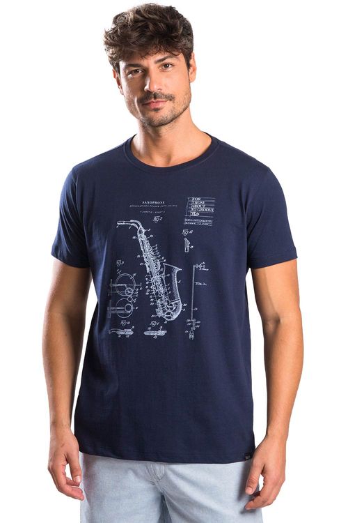 T-Shirt Estampada Saxofone Azul Marinho