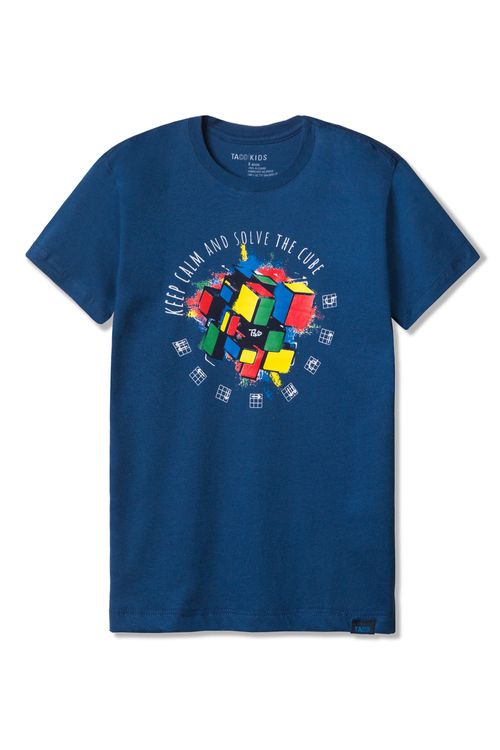 T-Shirt Infantil Estampada Cubos Azul Marinho