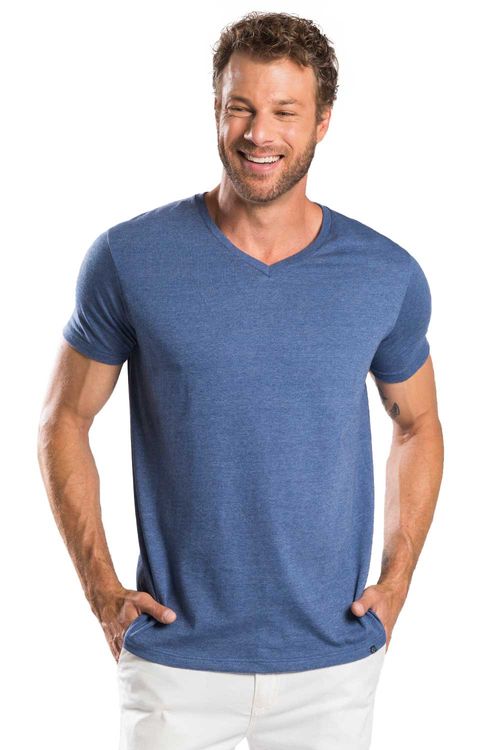 T-Shirt Básica Gola v Premium Sem Costura Lateral Azul
