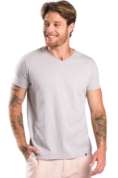 T-Shirt Básica Gola v Premium Sem Costura Cinza