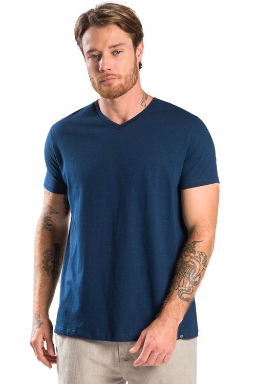 T-Shirt Básica Gola v Premium Sem Costura Az Mar