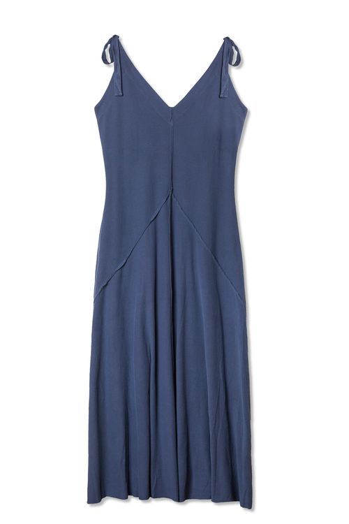 Vestido Longo Recortes Azul Jeans