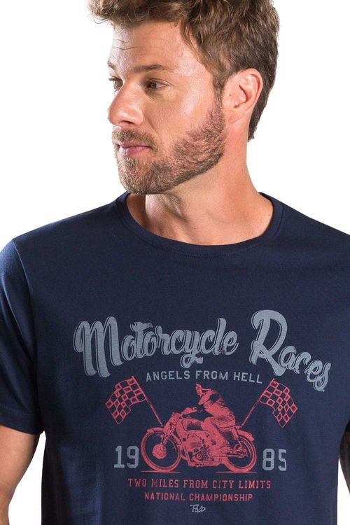 T-Shirt Estampada Motorcycler Azul Marinho