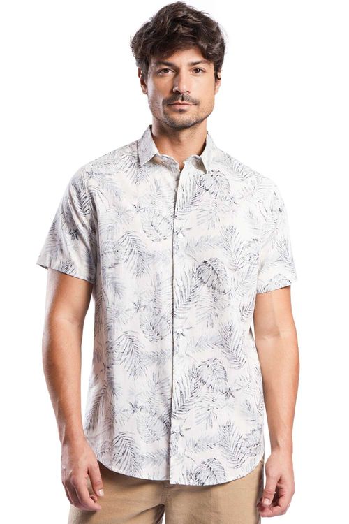 Camisa Linho Manga Curta Estampada Tropical Off White