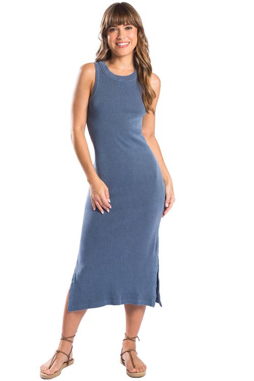 Vestido Básico Canelado Midi Azul Marinho