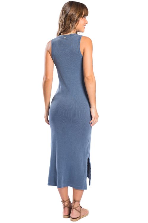 Vestido Básico Canelado Midi Azul Marinho