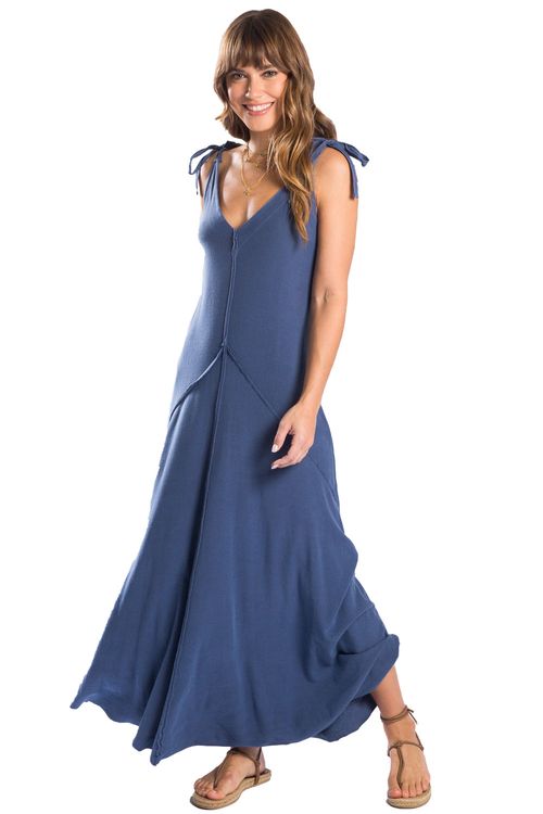 Vestido Malha Crepe Longo Recortes Azul Jeans