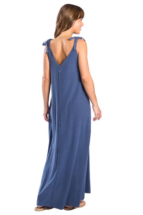 Vestido Malha Crepe Longo Recortes Azul Jeans