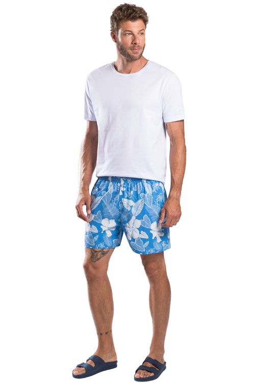 Short Estampado Hibisco Flex Azul Jeans