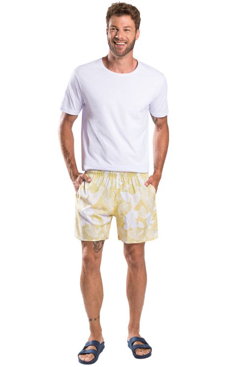 Short Estampado Hibisco Flex Amarelo Claro