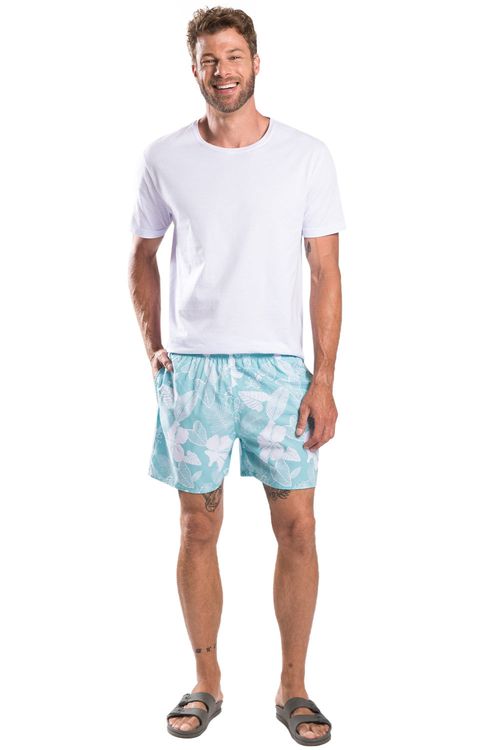 Short Estampado Hibisco Flex Verde Claro