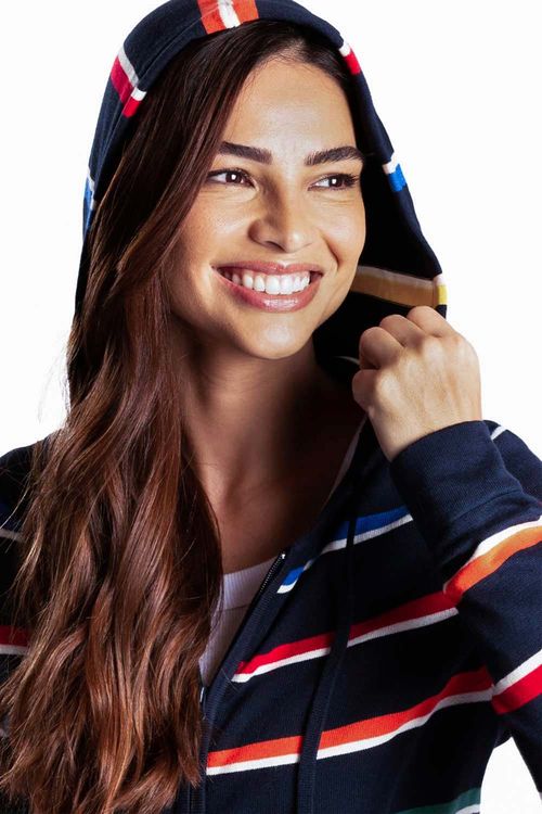 Casaco Listrado Com Capuz Azul Marinho