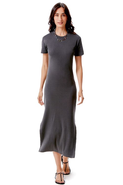 Vestido Básico Longo Canelado Grafite