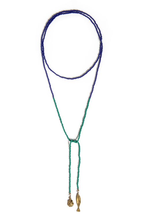 Colar Miçangas Multiformas Azul Marinho/Verde