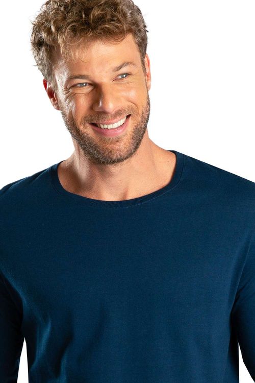T-Shirt Manga Longa Premium Fit Sem Costura Azul Marinho