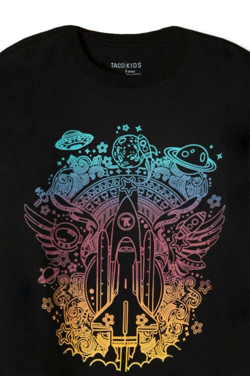 T-Shirt Infantil Estampada Space Rocket Preto