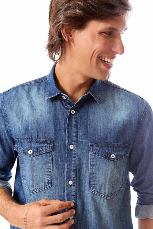 Camisa Jeans Com Bolso Azul Jeans