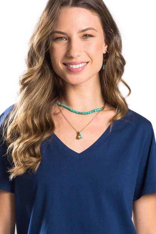 Blusa Básica Gola v Egípcia Premium Azul Marinho