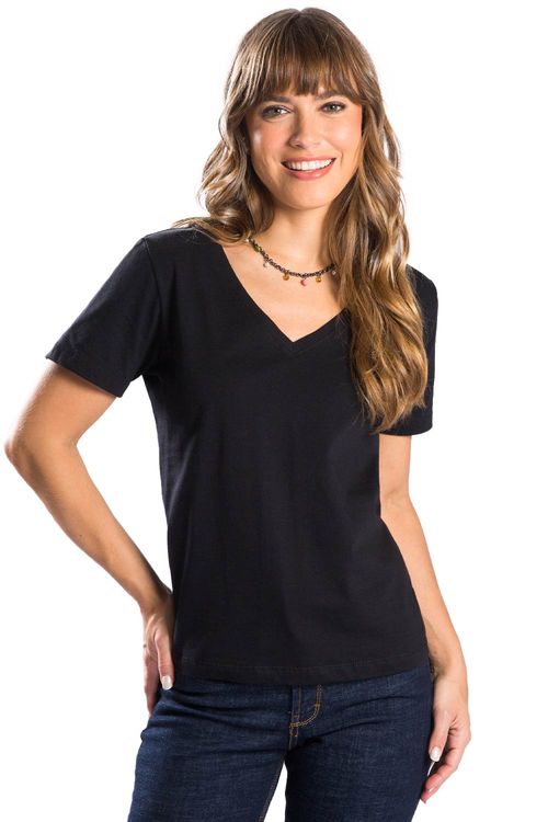 Blusa Básica Gola v Fio Penteado Preta