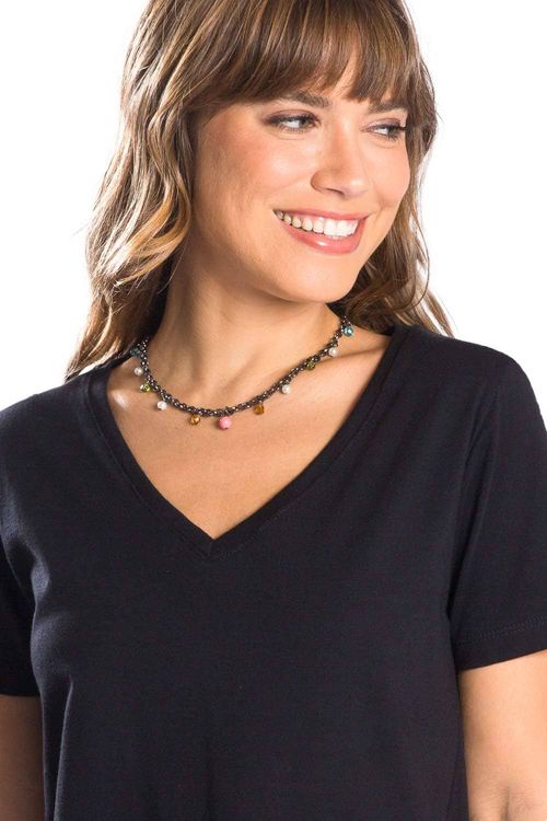 Blusa Básica Gola v Fio Penteado Preta